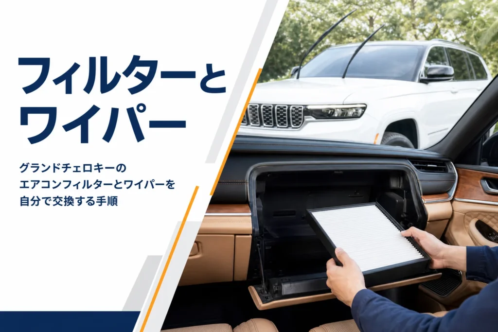 新品のエアコンフィルターと車内を写したグランドチェロキーの消耗品交換記事のアイキャッチ