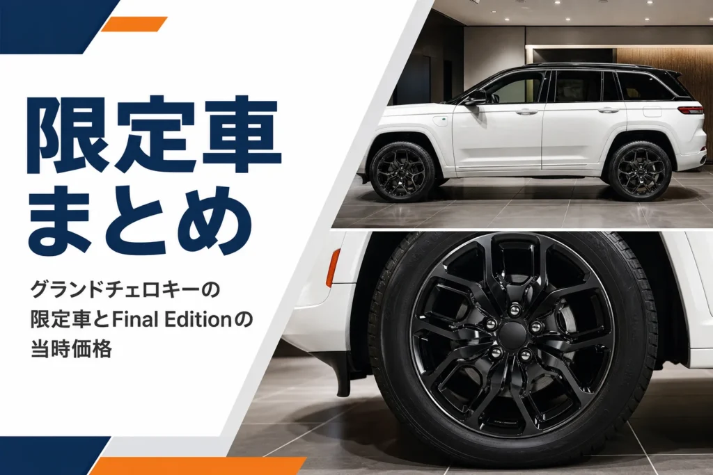黒いアルミホイールの白い大型SUVを写したグランドチェロキー限定車記事のアイキャッチ