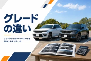 大型SUV2台とカタログを並べたグランドチェロキーのグレード比較記事のアイキャッチ