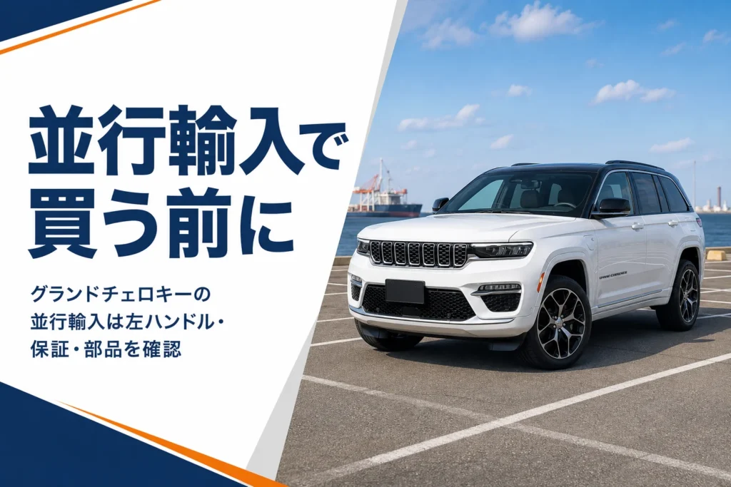 港近くの駐車場に停まる左ハンドルのグランドチェロキー