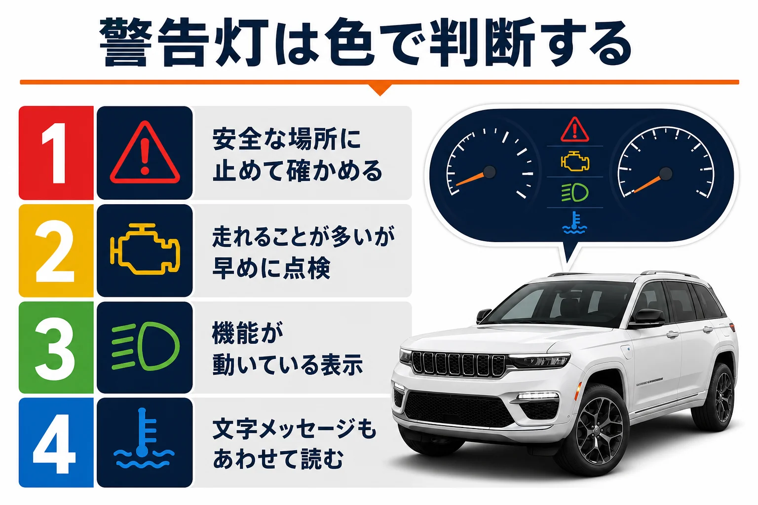 グランドチェロキーの警告灯を色で判断する目安の図解