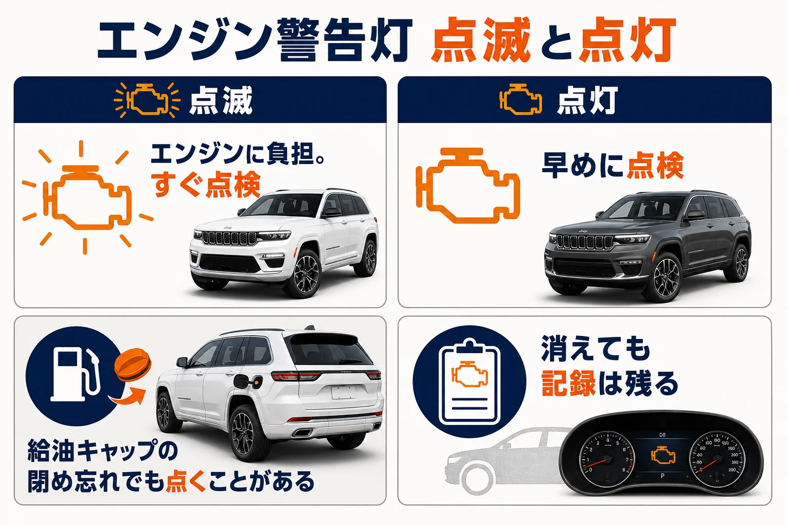 グランドチェロキーのエンジン警告灯の点滅と点灯の違いの図解