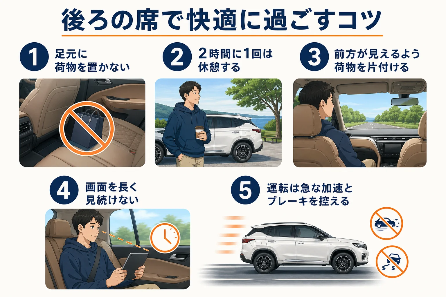 グランドチェロキーの後部座席で快適に過ごすための工夫を並べた図解