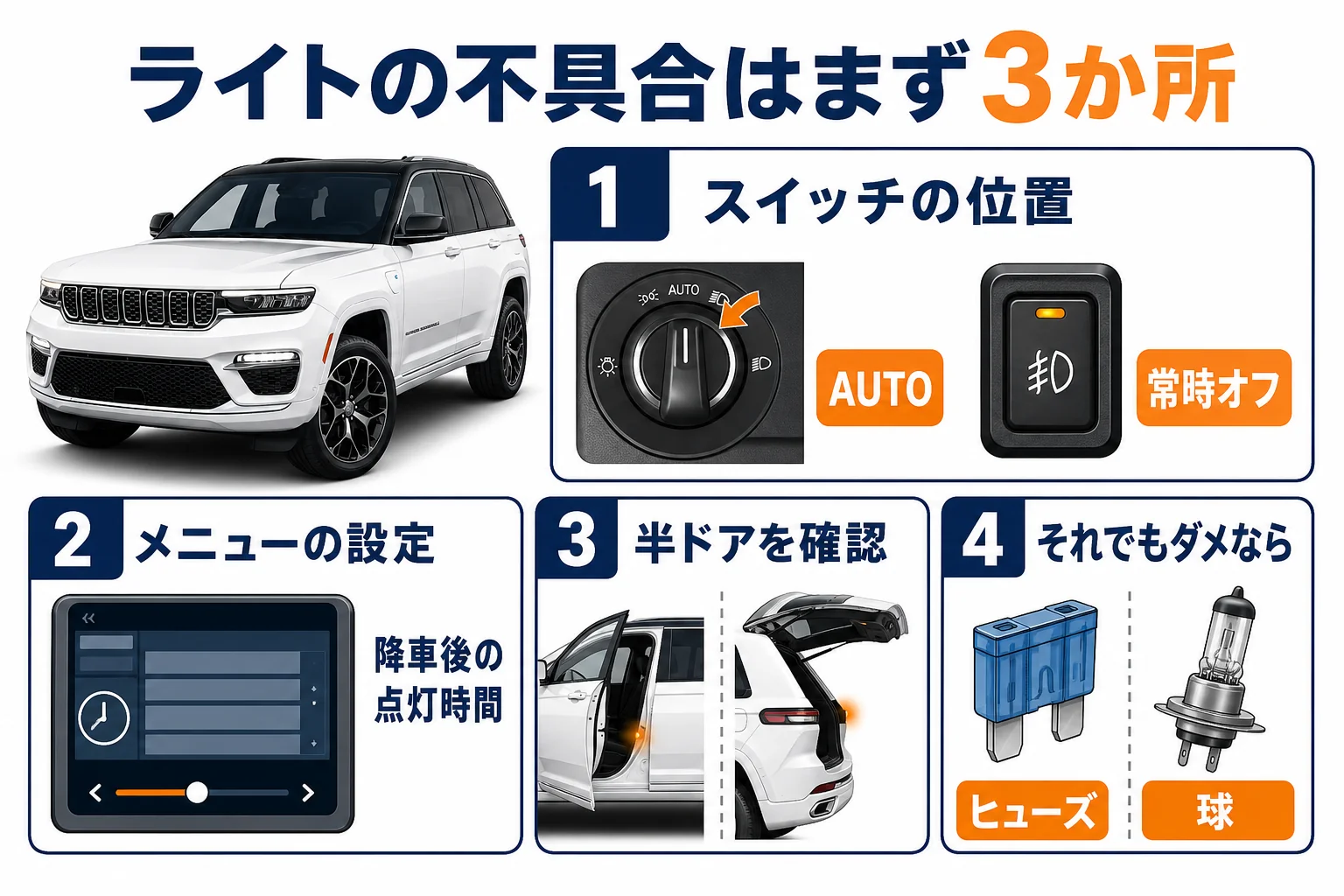 グランドチェロキーのライトの不具合で最初に確かめる3か所の図解