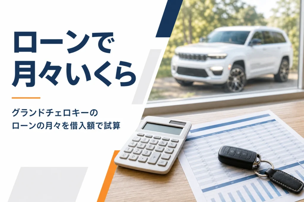 電卓と返済計画表を並べたグランドチェロキーのローン記事のアイキャッチ