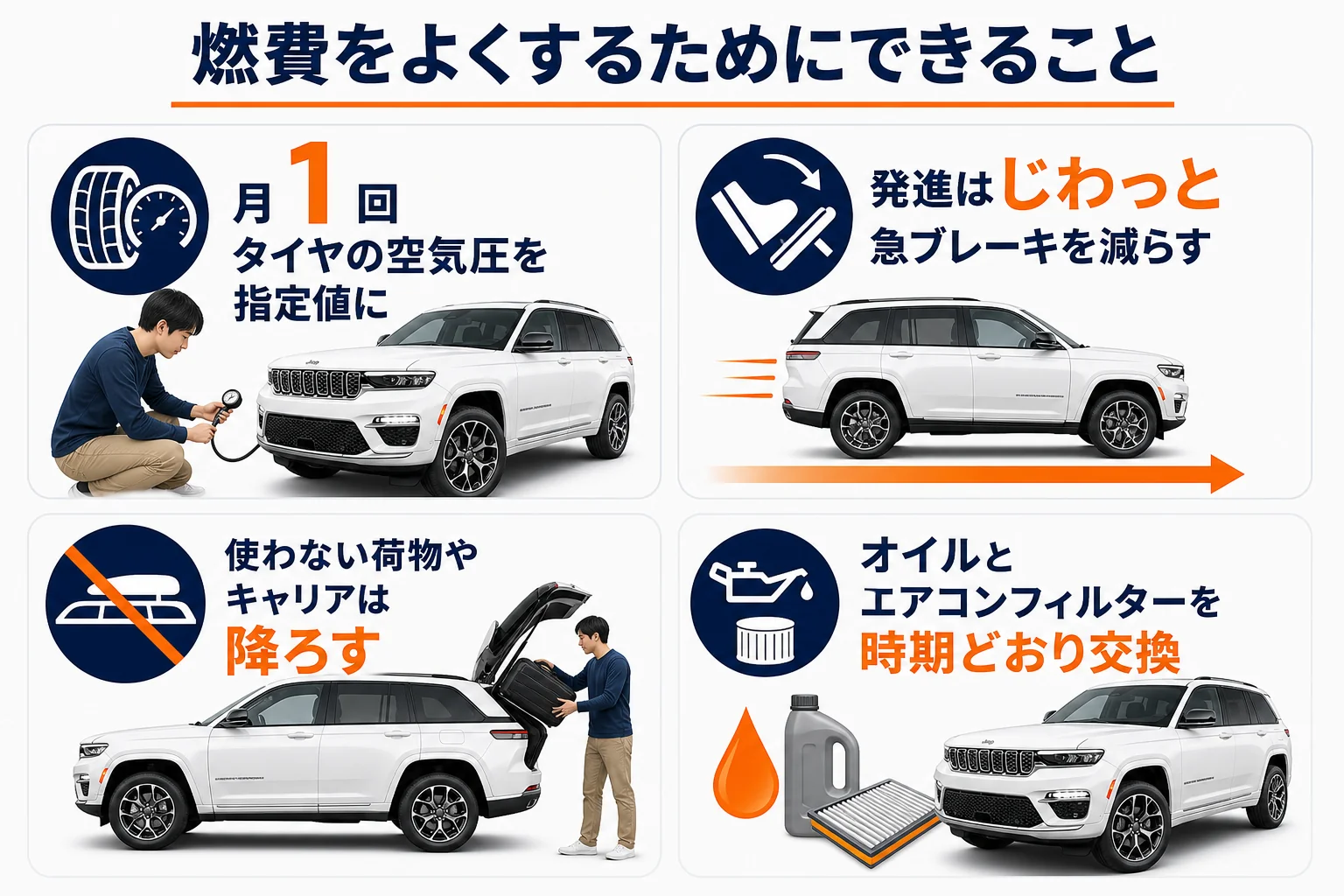 燃費をよくするための点検と乗り方のポイントをまとめた図解