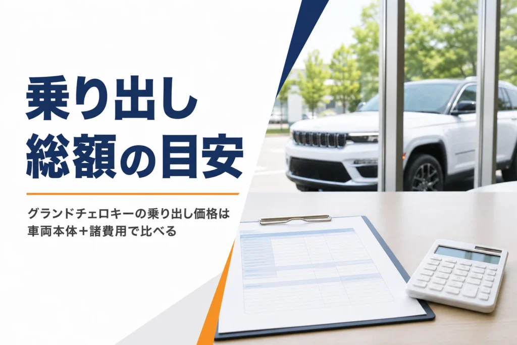 商談テーブルの見積書と窓の外のグランドチェロキー