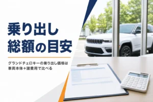 商談テーブルの見積書と窓の外のグランドチェロキー