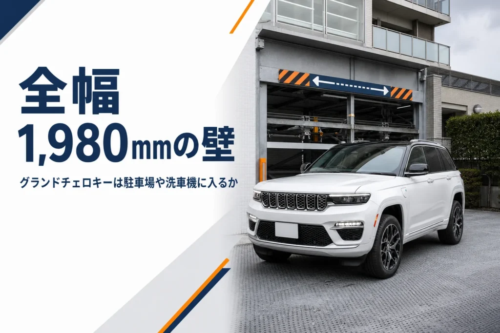 機械式駐車場の入口の前に停まった大型SUVを写した、駐車場の記事のアイキャッチ