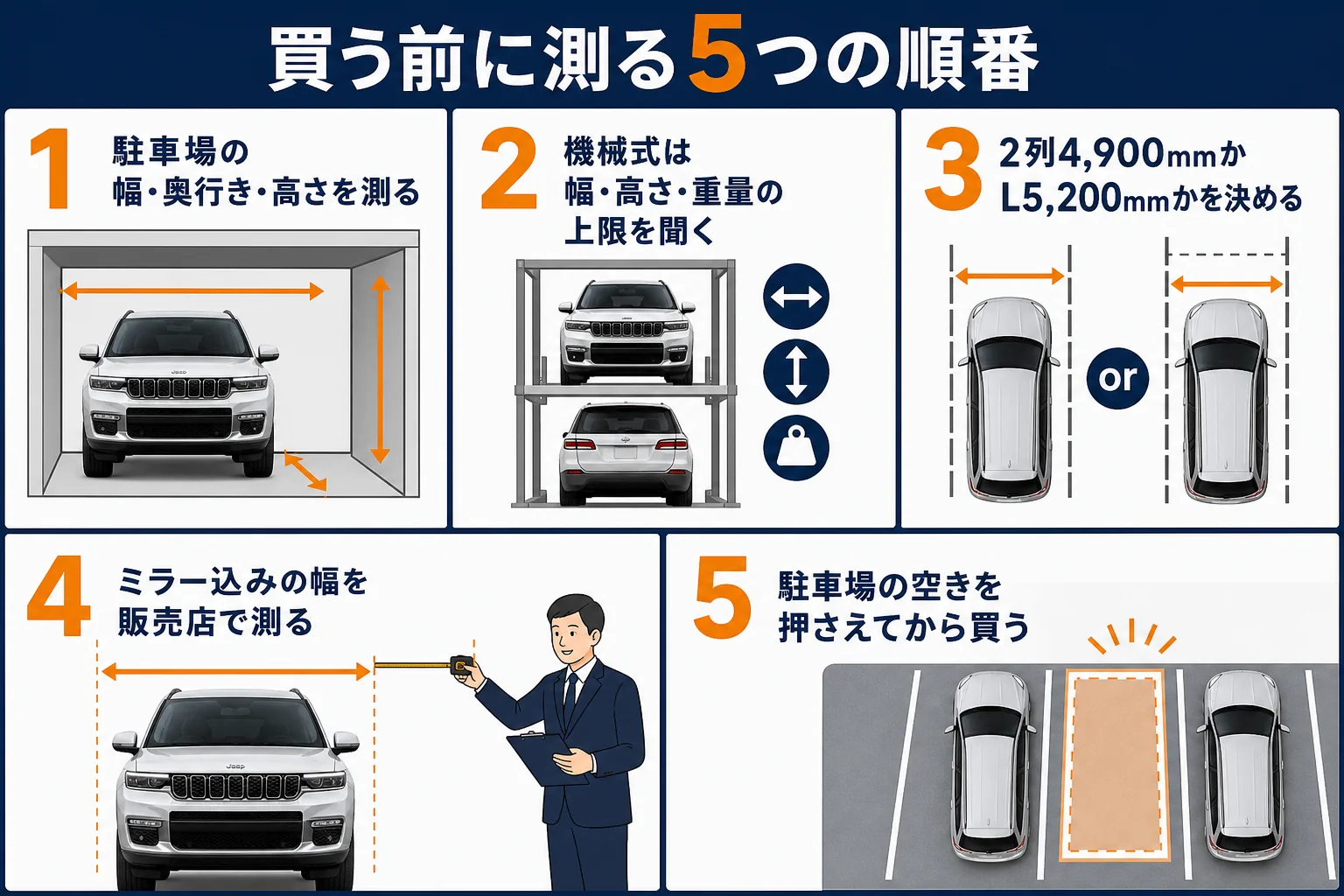 駐車場と洗車機を使う前にグランドチェロキーで測る5つの手順を示した図