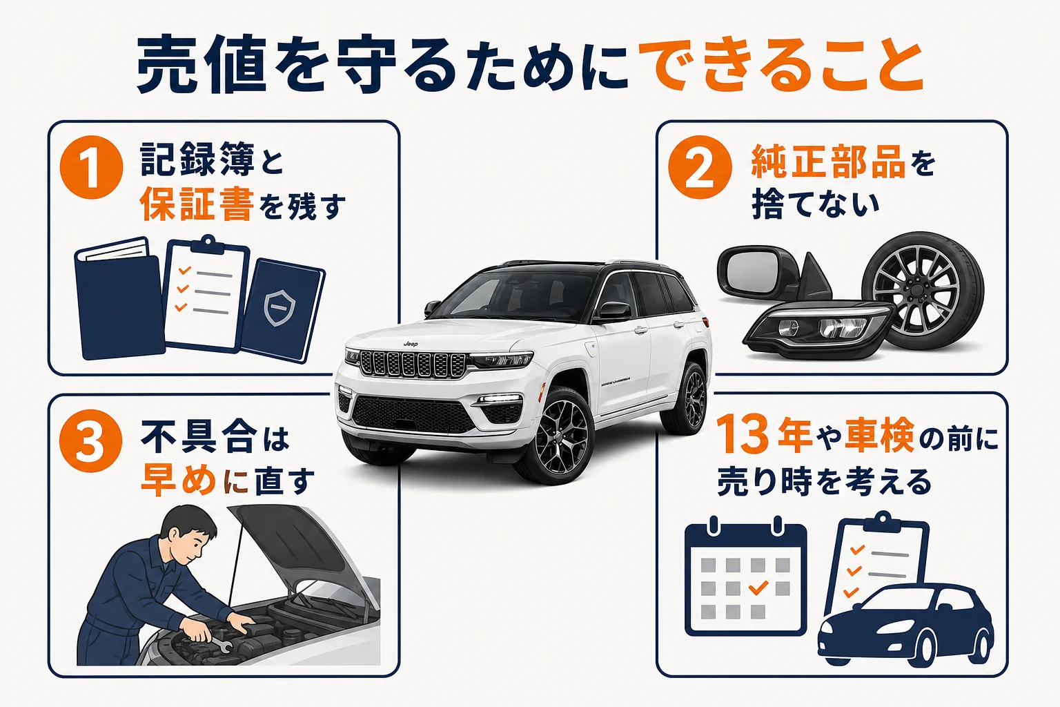 グランドチェロキーの売値を守るために乗っている間にできることの図解