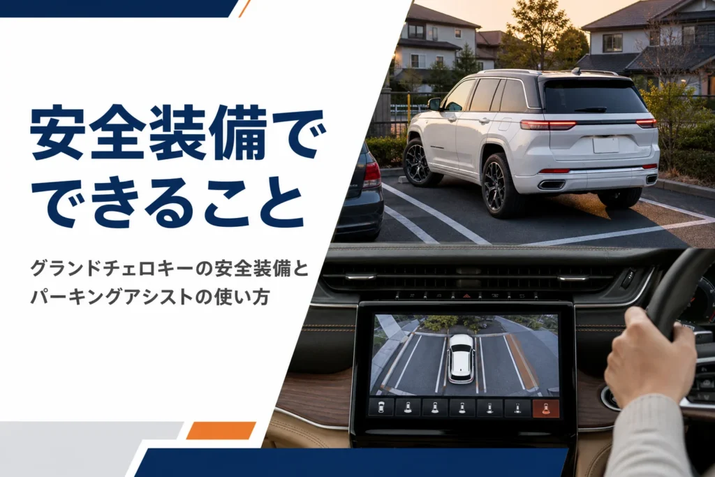 大型SUVがカメラ映像を見ながら駐車する様子を写したグランドチェロキーの安全装備の記事のアイキャッチ
