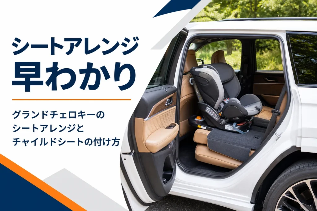 大型SUVの後席にチャイルドシートが付いた様子を写したグランドチェロキーのシートアレンジの記事のアイキャッチ
