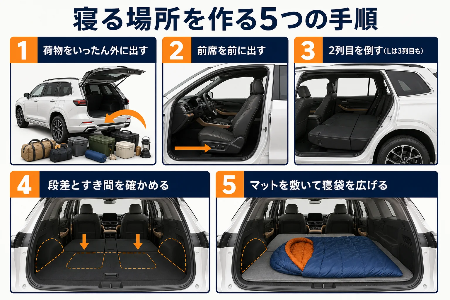 グランドチェロキーで寝る場所を作る5つの手順を示した図