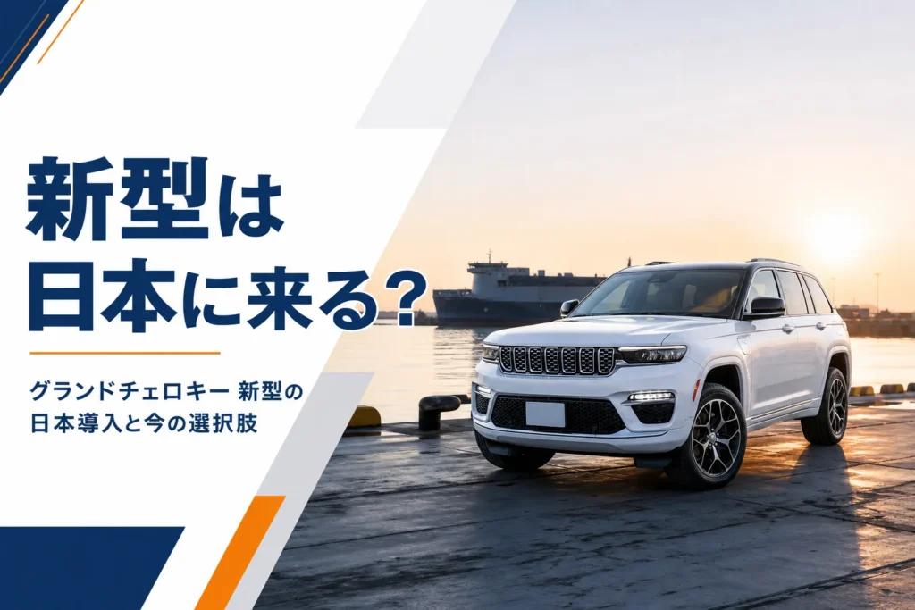 夜明けの埠頭に停まる大型SUVと輸送船