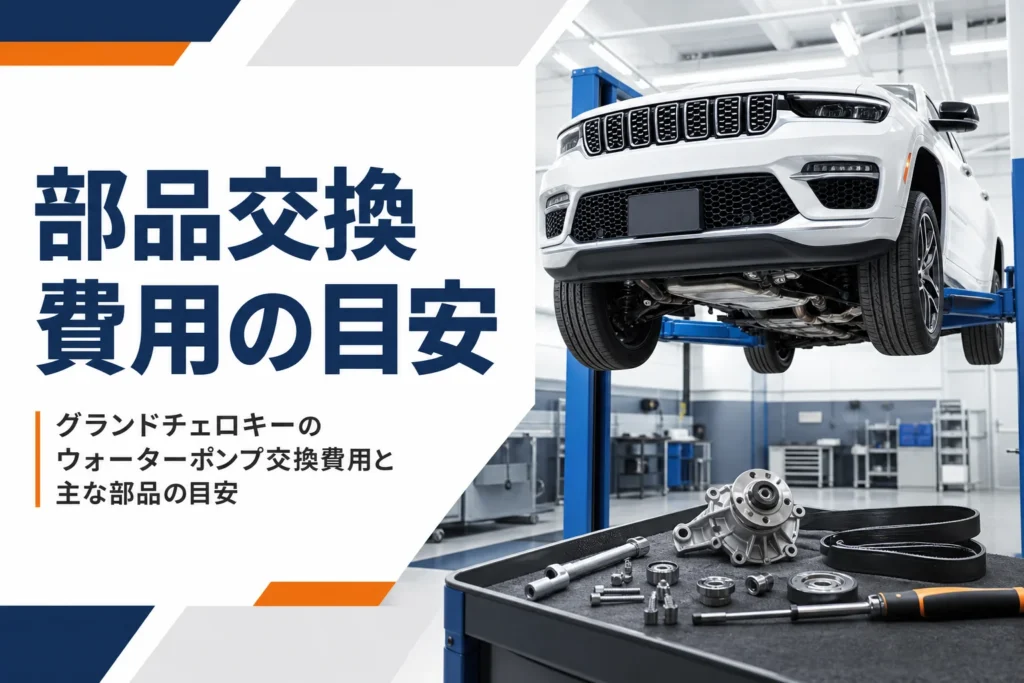 整備工場のリフトに上がった大型SUVを写した部品交換費用の解説記事のアイキャッチ
