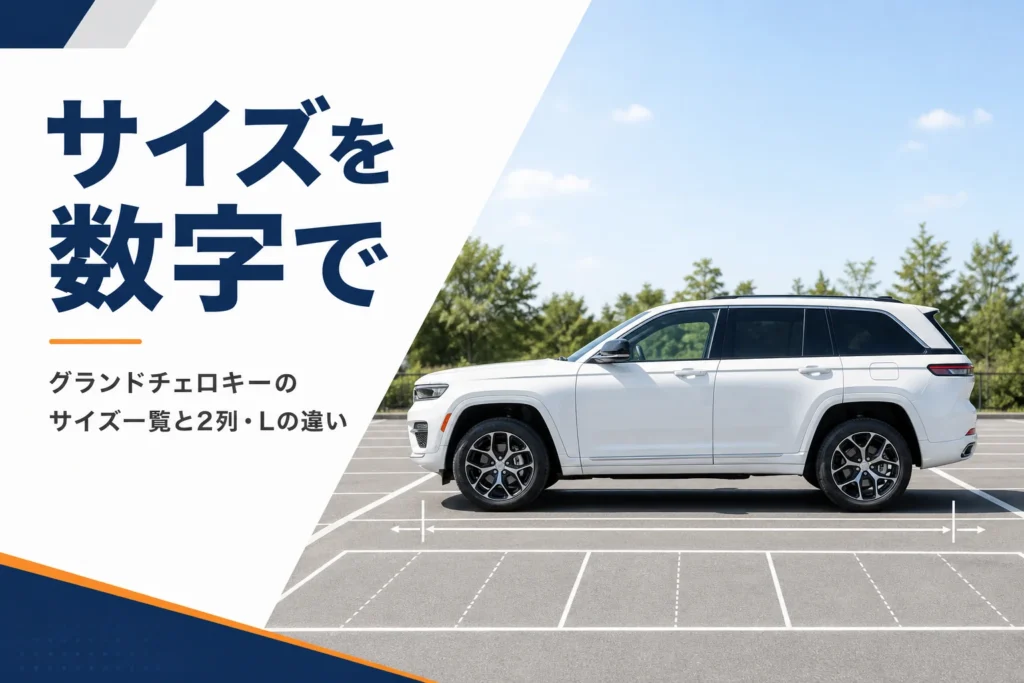 駐車場の白線の中に停まった大型SUVを真横から写した、サイズの記事のアイキャッチ