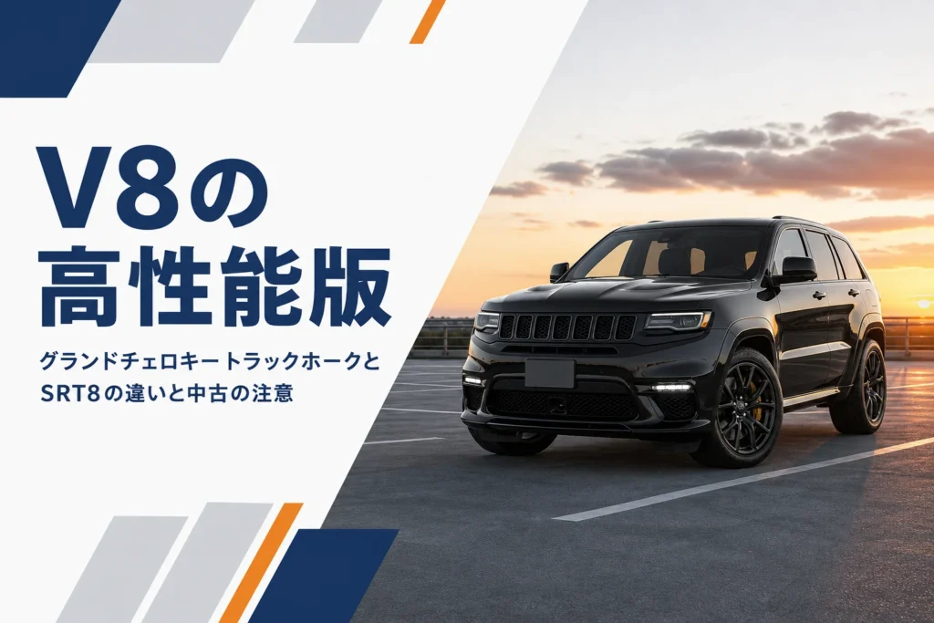 夕方の駐車場に止まった黒い高性能SUVを写したグランドチェロキー トラックホーク記事のアイキャッチ