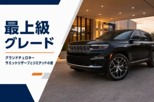 大径ホイールを履いた黒い高級SUVの足元を写したグランドチェロキー サミットリザーブの記事のアイキャッチ