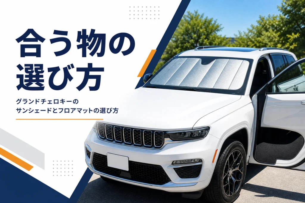大型SUVのフロントガラスにサンシェードを付けた様子を写したグランドチェロキーのサンシェードの記事のアイキャッチ
