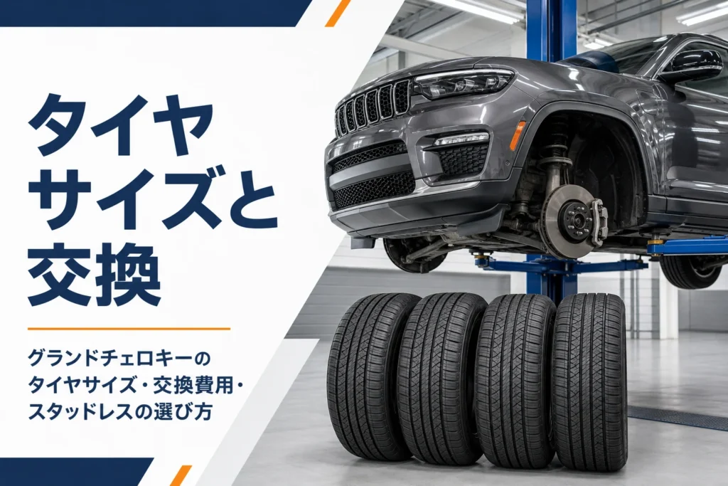 整備工場で交換を待つ大型SUVとタイヤを写したグランドチェロキーのタイヤ解説記事のアイキャッチ