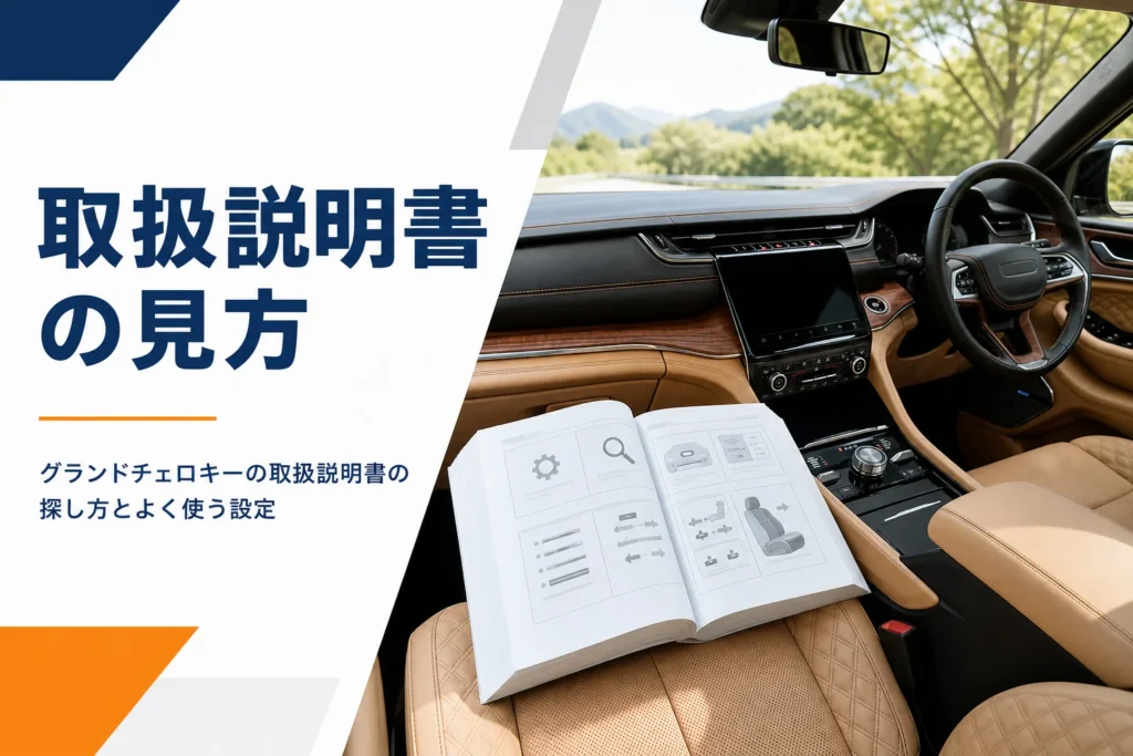 運転席の横に開いた取扱説明書を置いた、取扱説明書の見方の記事のアイキャッチ