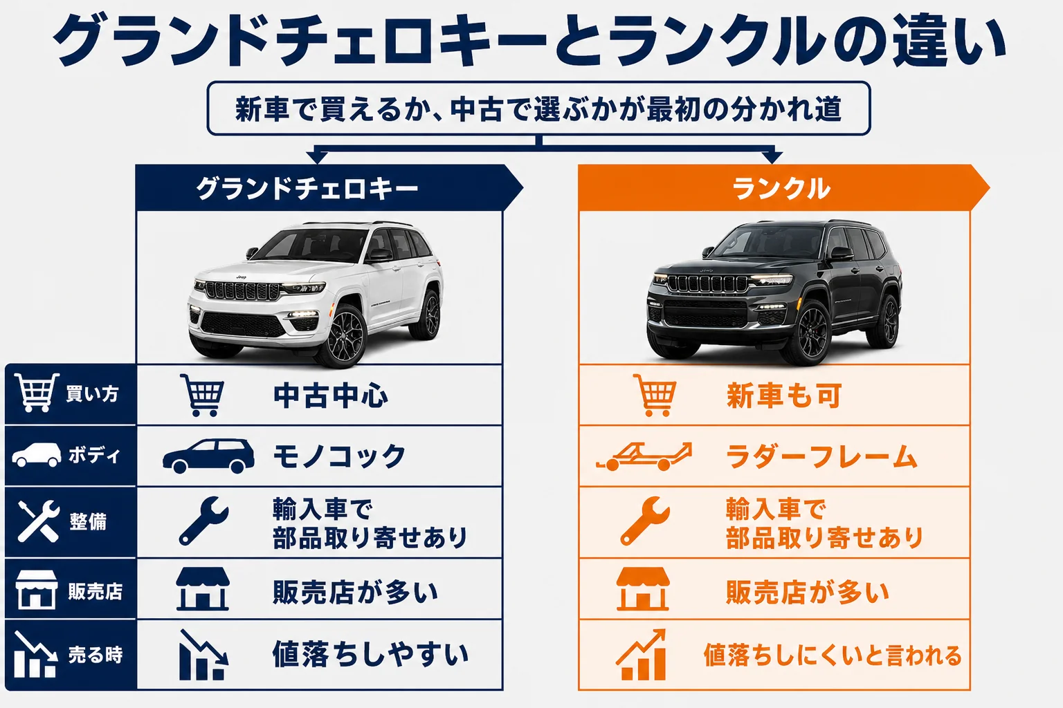 グランドチェロキーとランクルの違いを価格・故障・リセール・走りで比べた図解
