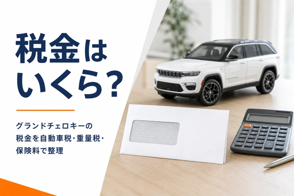 電卓と封筒が置かれた机を写したグランドチェロキーの税金解説記事のアイキャッチ